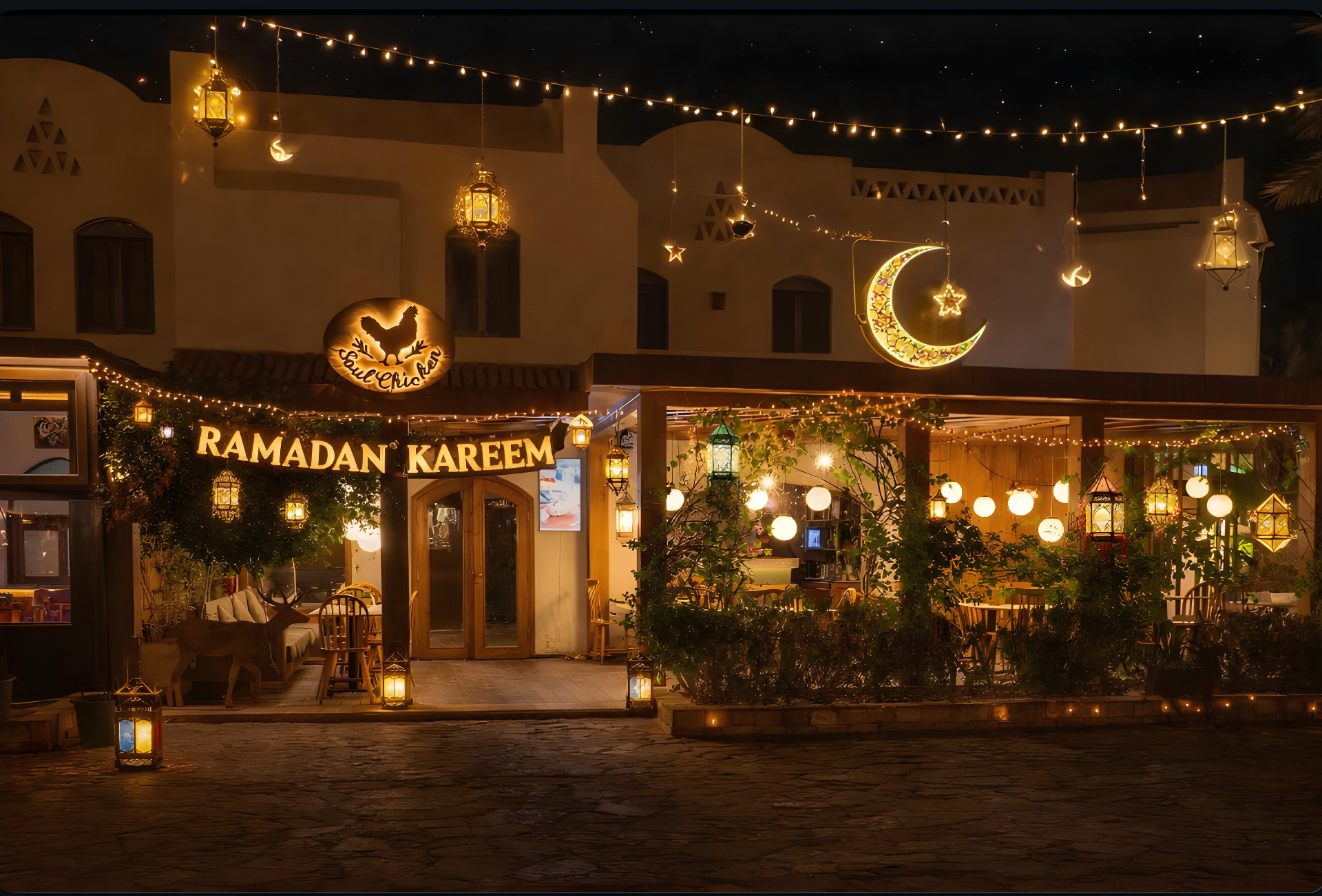 The Soul Chicken restaurant at night, lit with lanterns and string lights